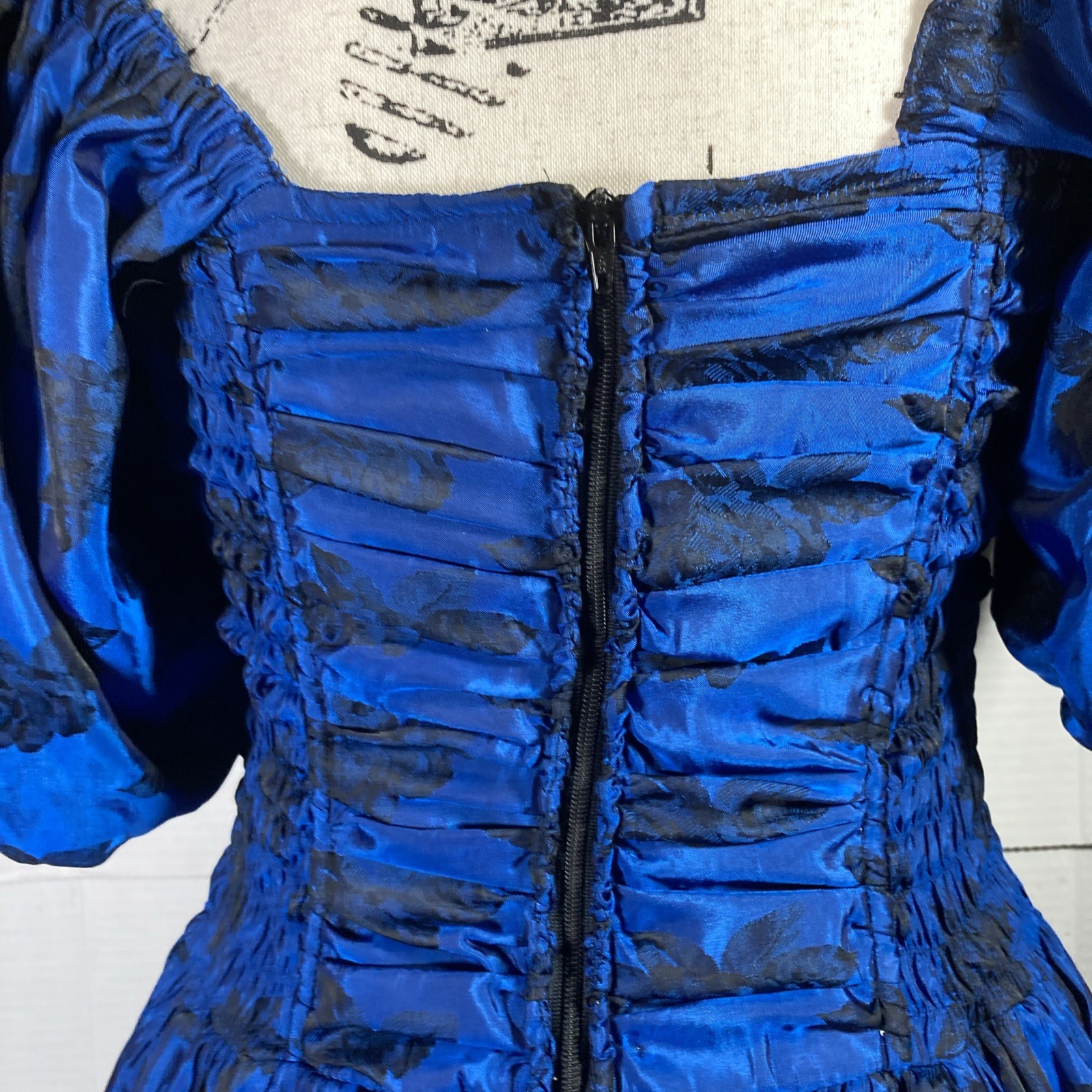 Vintage 80s Party Dress Cobalt Blue & Black Taffeta Jungle Mode Wortman Krenlin