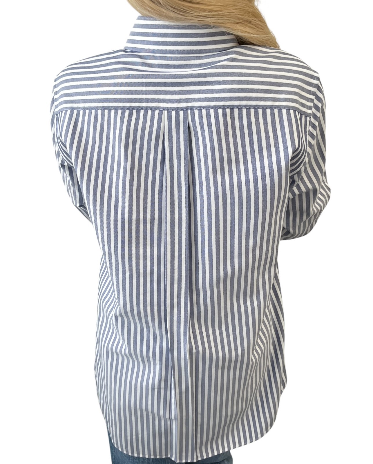 CELINE Triomphe Logo Stripe Button Up Shirt Long Sleeve #36 Blue White Cotton