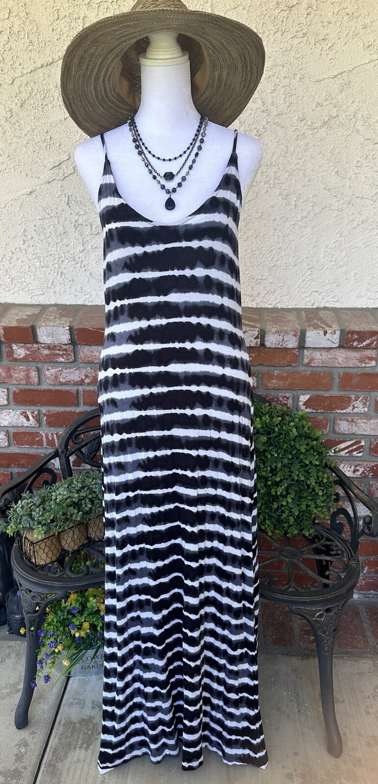 Vintage Alloy Apparel Tie Dye Maxi Dress; Black/Off White Stripe W/Spag Straps