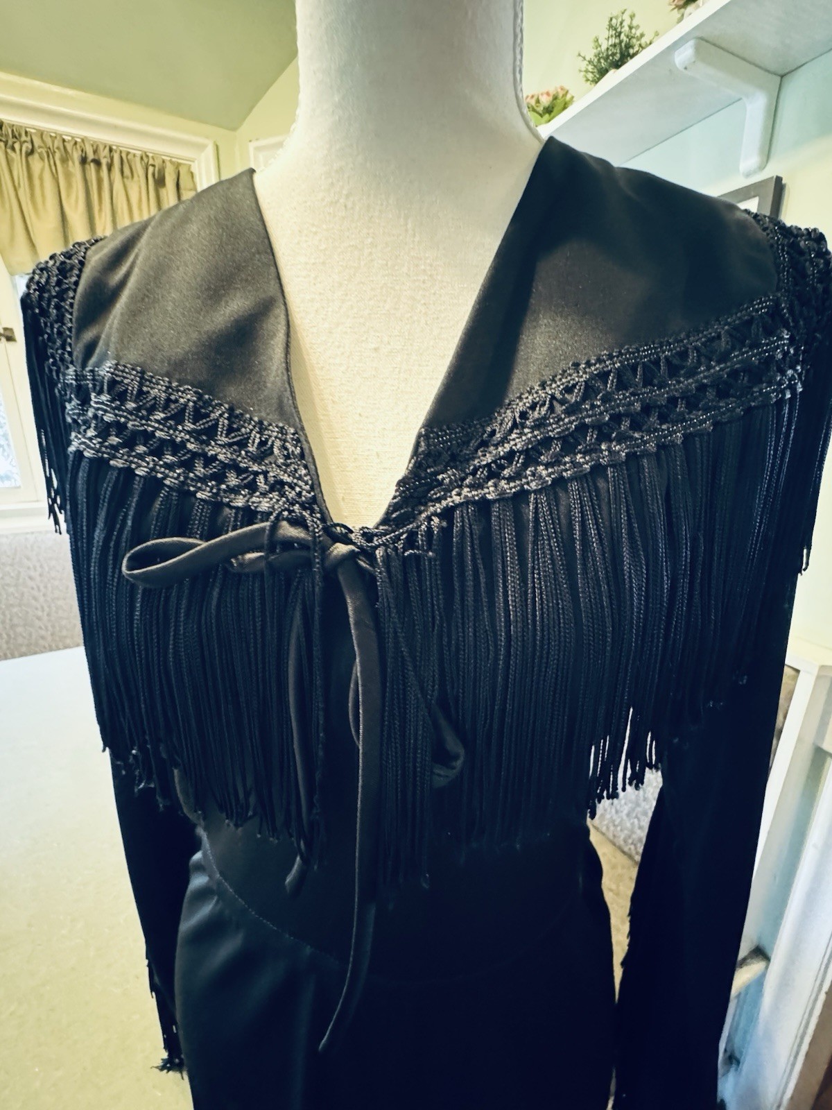 Vintage Frederick’s of Hollywood Black Fringe Disco Jumpsuit Wide Leg Boho S/M
