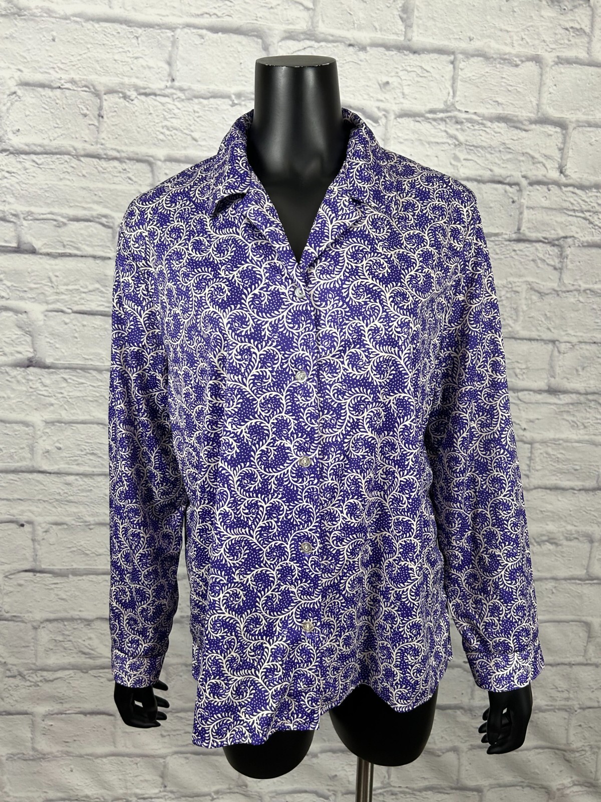 Baroness De Wayne Button Front Purple Paisley Long Sleeves Women’s 18 Vtg 80s