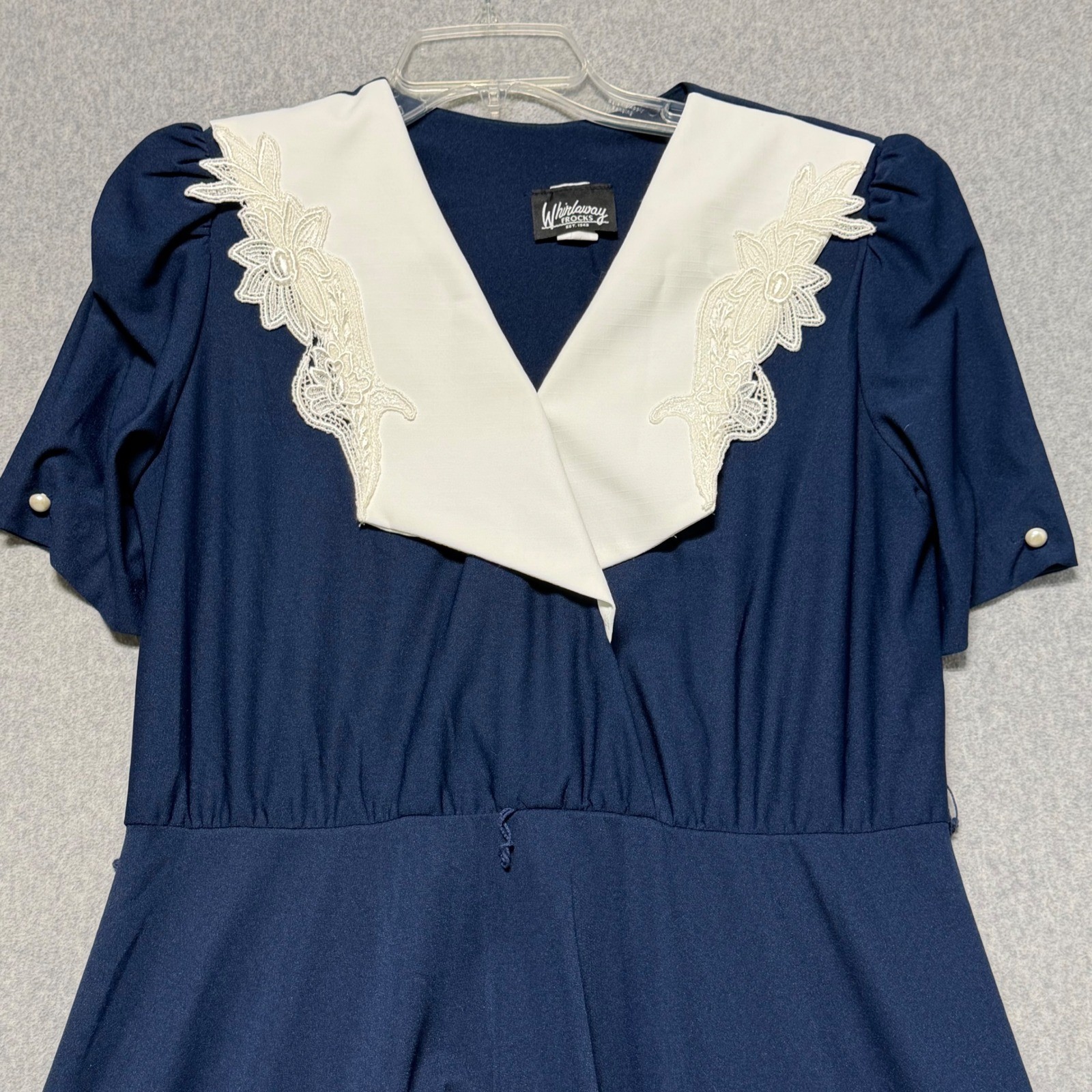 Whirlaway Frocks Vintage Navy Blue Lace Sailor Collar Midi Dress Size 12P USA