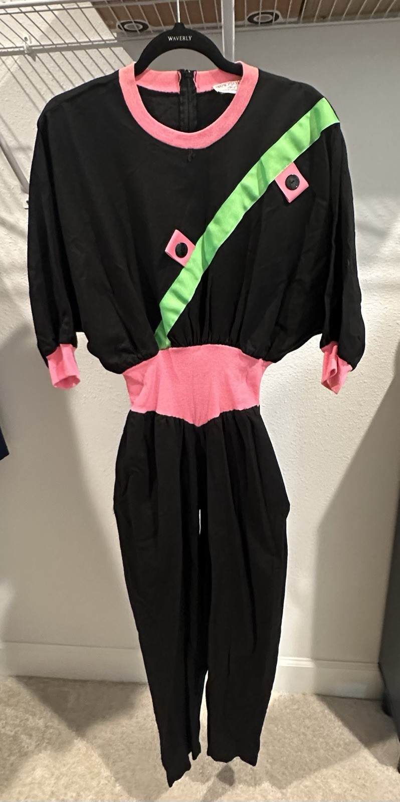 Vintage 80s Neon Colorblock Jumpsuit Pantsuit | Black Pink Green | Wayne Diamond