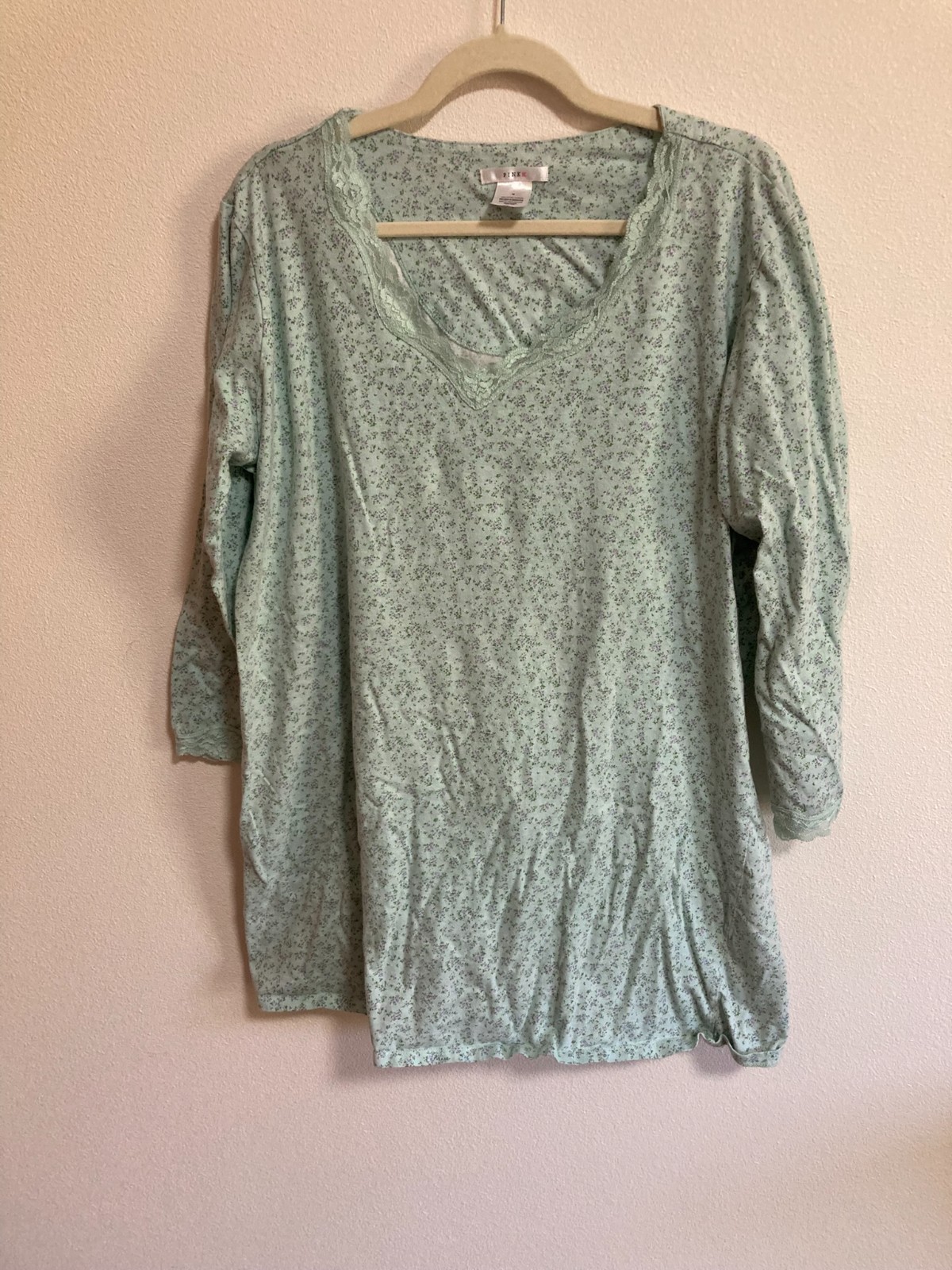 Vintage PINK K Nightgown Women Size 1X Blue Purple Green Floral Lace Trimmed