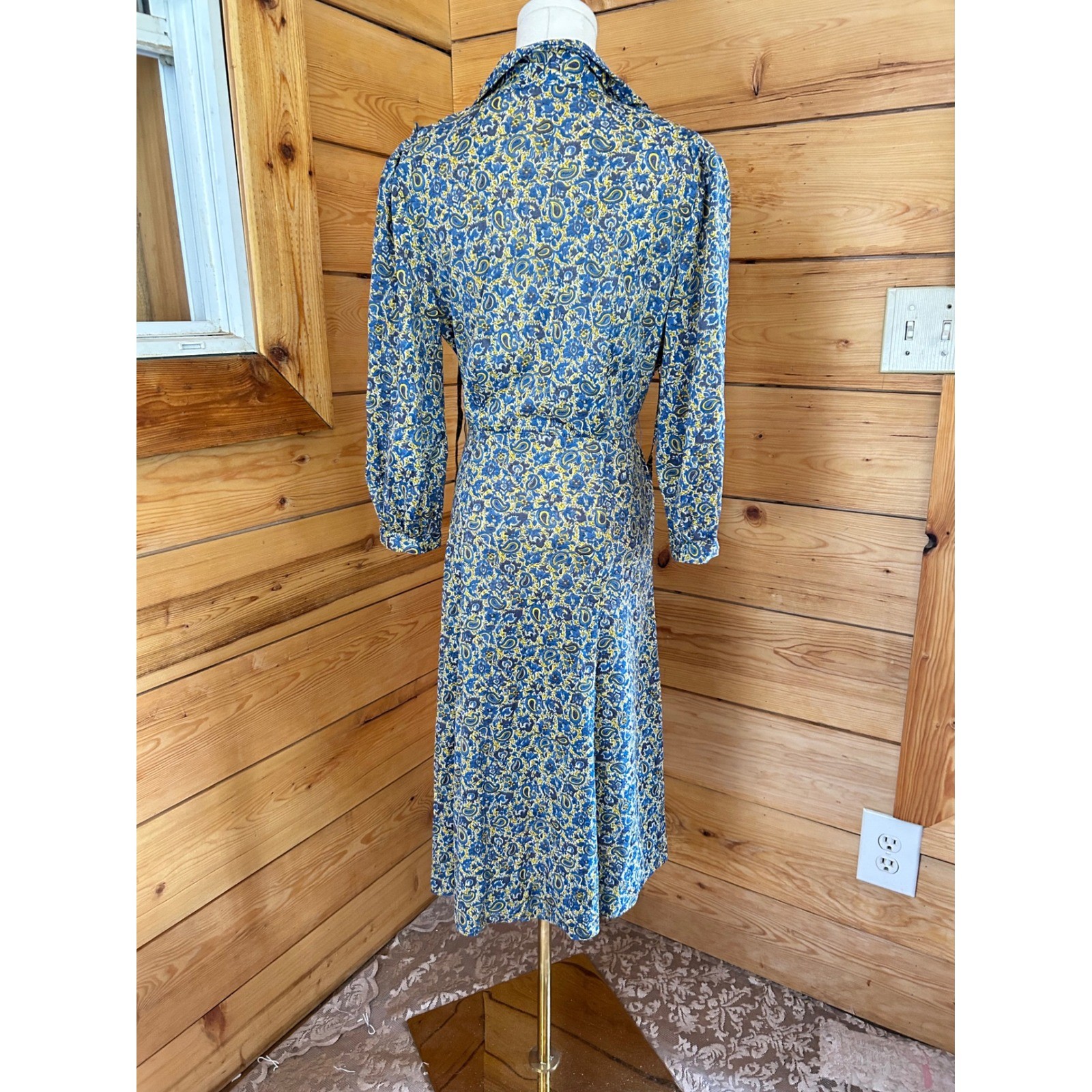 Vintage Day Dress Womens Size 14.5 Blue Yellow Paisley Pleated Shelton Stroller