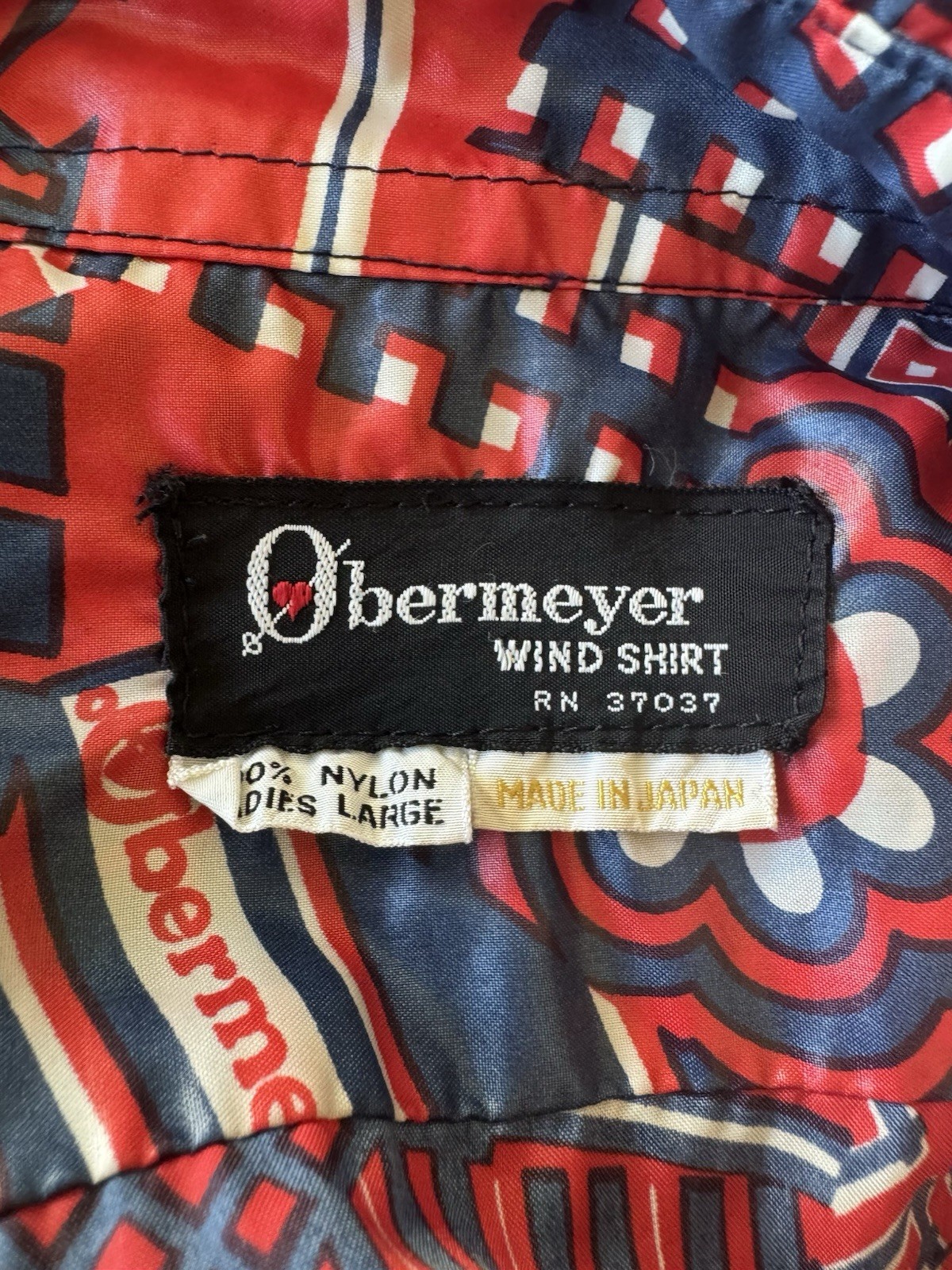 Vintage 70s Obermeyer Wind Shirt Top Red Navy Graphic Novelty Print Peace Flag