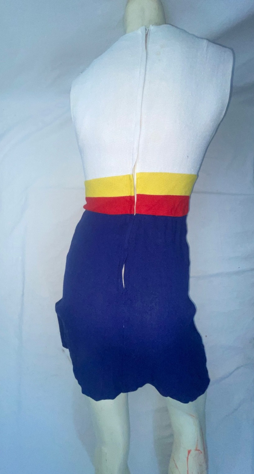 VTG 60S 70S WOMENS S BLUE WHITE RED YELLOW STRIPE DISCO MOD DRESS JACKET SET
