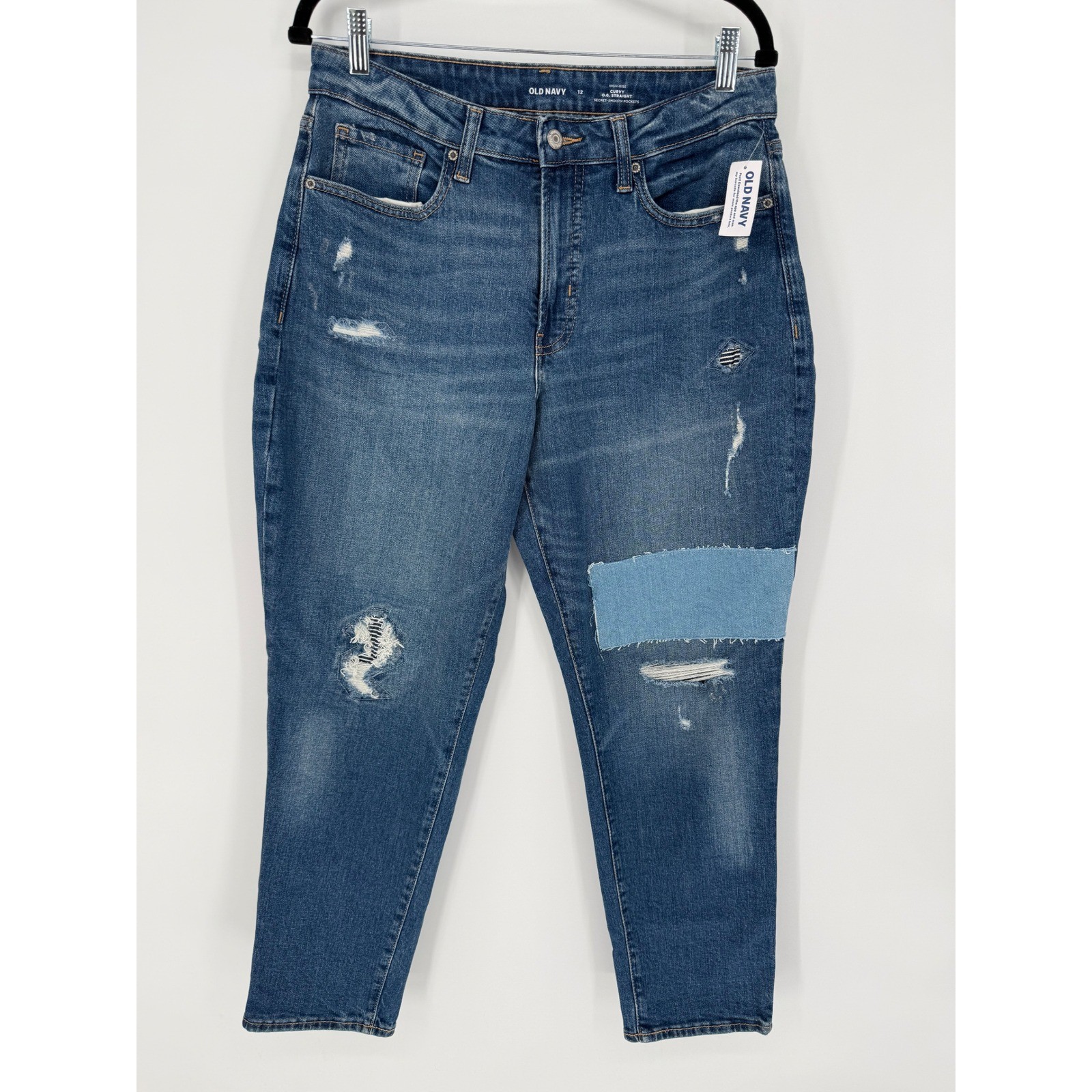 OLD NAVY HIGH RISE CURVY O.G STRAIGHT JEANS PATCHWORK DISTRESSED SIZE 12 NWT
