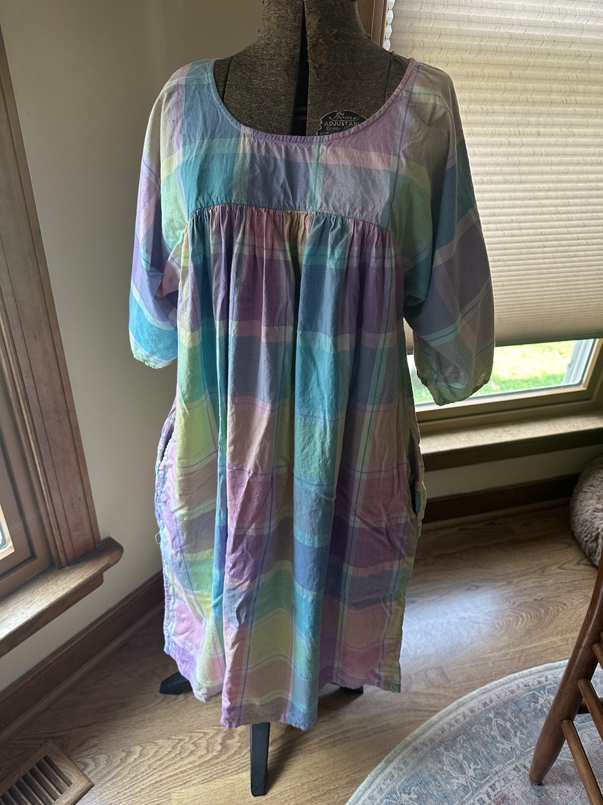 Vintage Cotton Pastel Plaid Cottage Core House Dress, Small