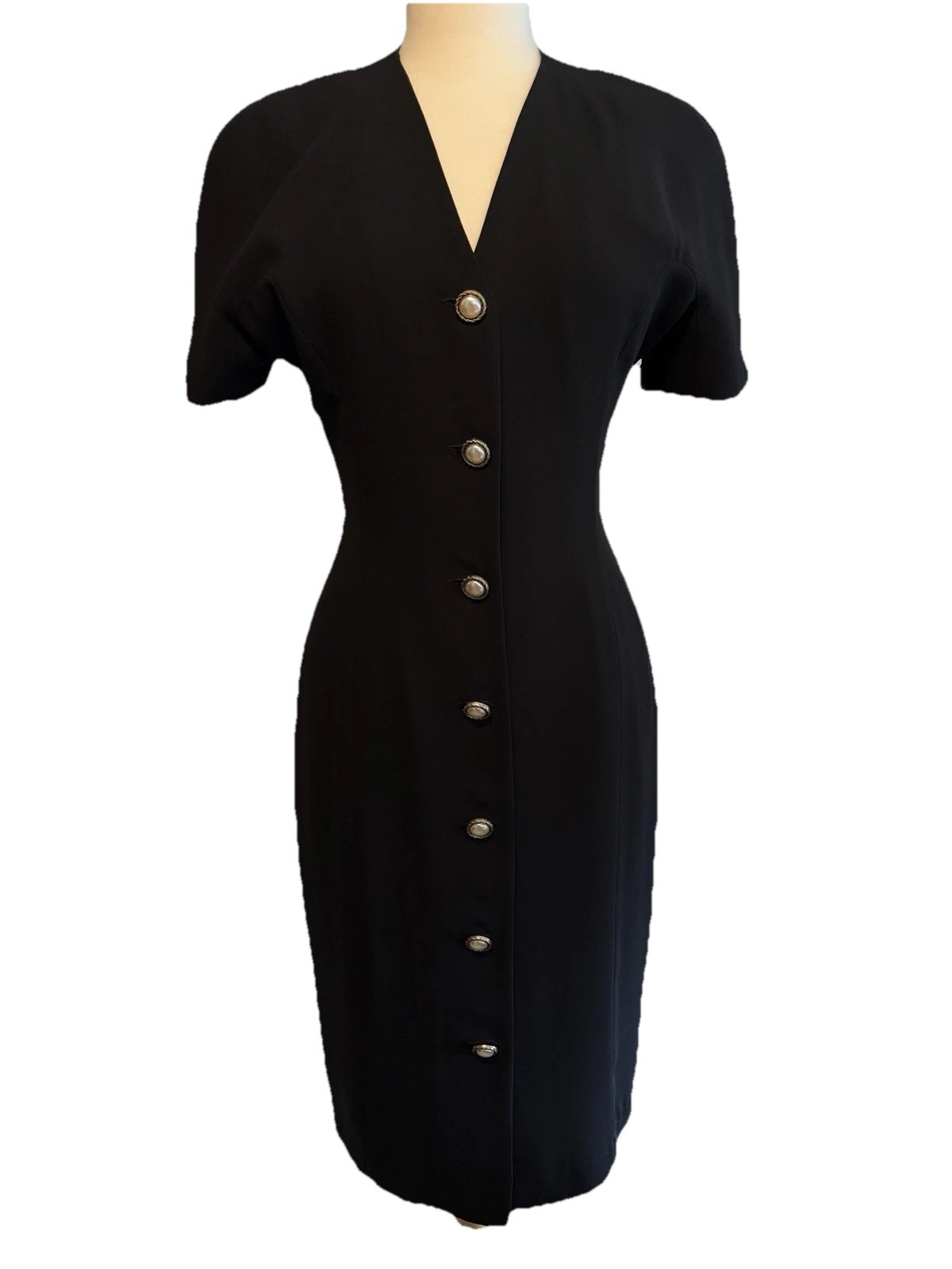 Vintage Rare Ms Chaus Dress Size 10 Black and Gold Pearl like Buttons Fitted