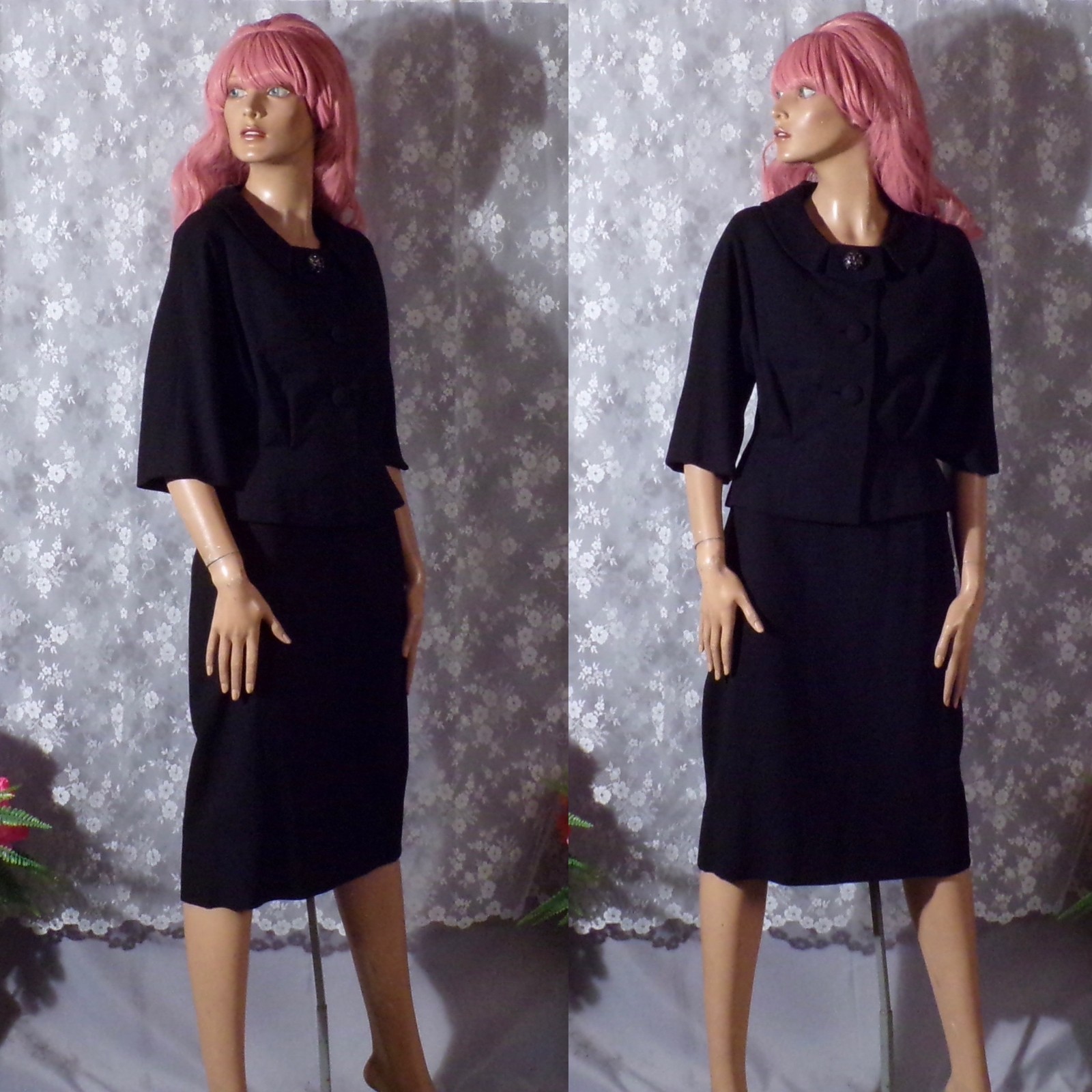 Vintage 60s Black Skirt Suit Size Small 1960s Retro Wool Hudson’s New Look Chic