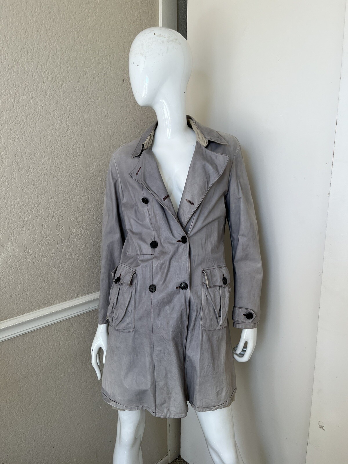 NIGEL PRESTON VINTAGE 90’S RARE! Gray Leather Double Breasted Lined Trench Coat