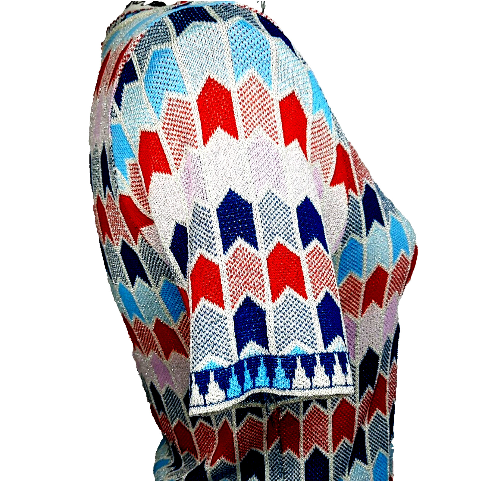 Vintage 60s MOD Geometric Silver Metallic Knit Dress Medium Red Pink Blue Retro