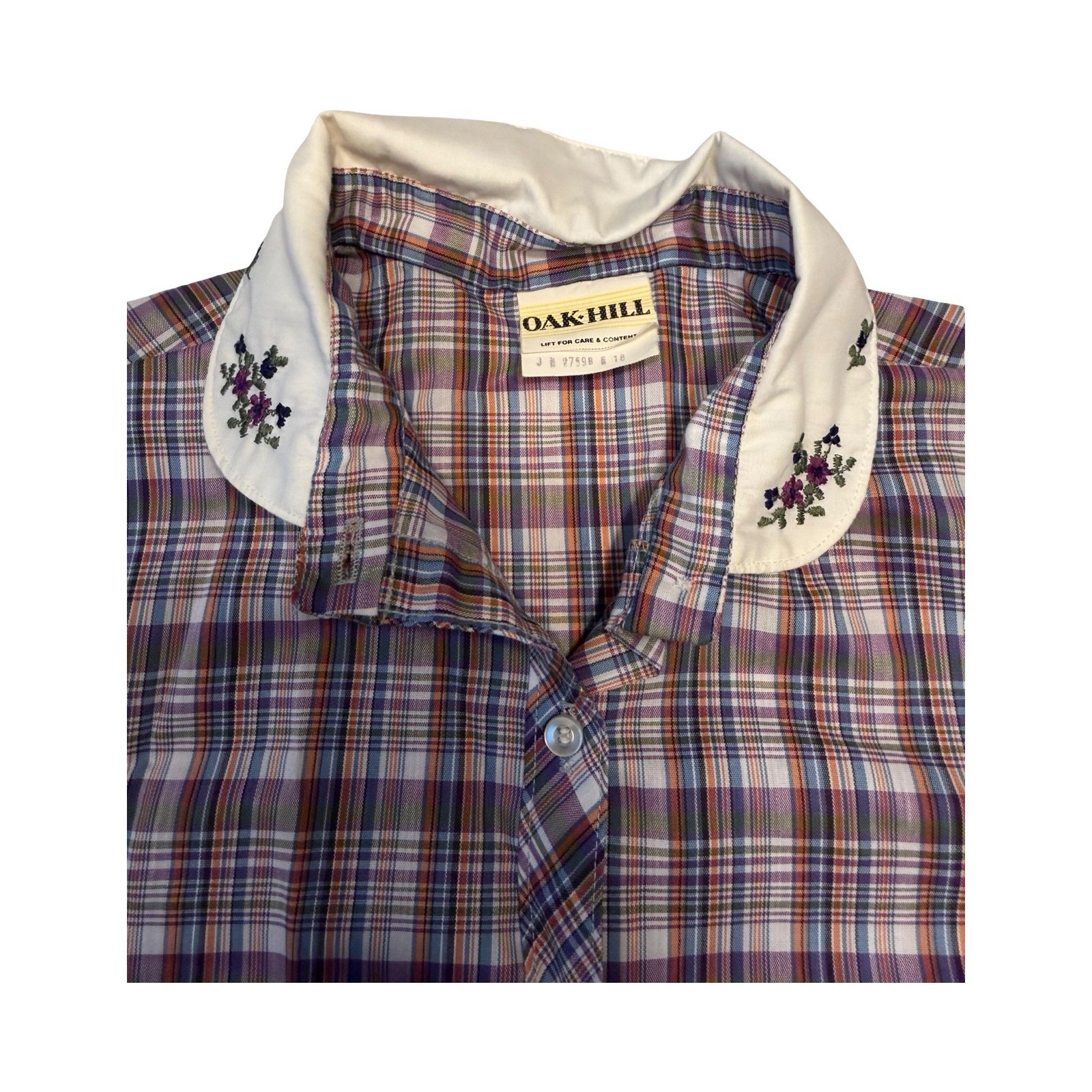 Vintage Oak Hill Plaid Short Sleeve Shirt Floral Embroidered Peter Pan Collar 18