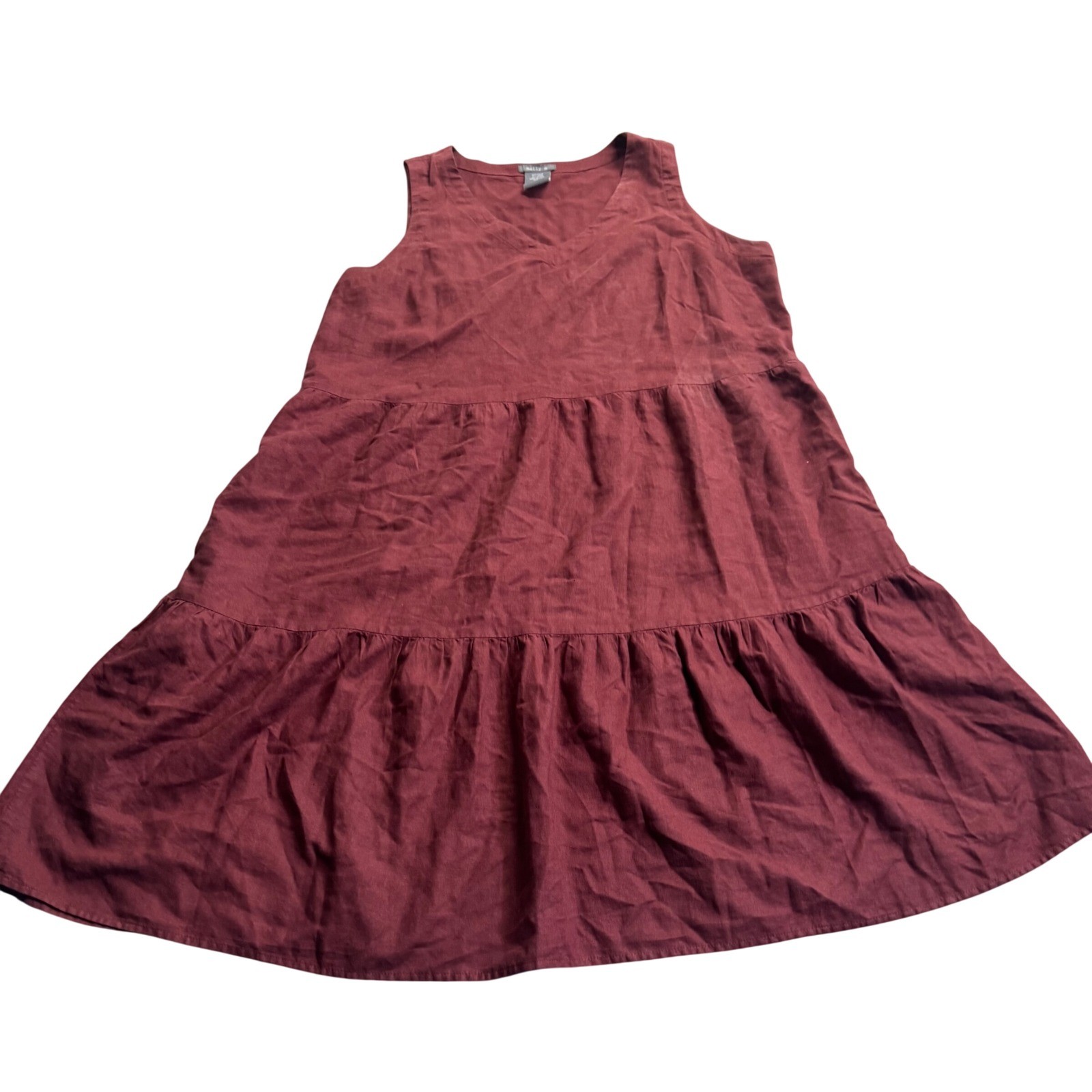 Matty M Rust Burgundy Tiered Linen Tank Overall Jumper Dress Boho Lagenlook S/XL