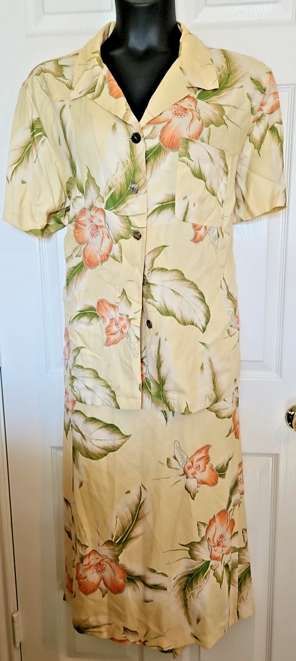 VTG Bamboo Trader 3X Yellow Green Pink Tropical Print Silk Wrap Skirt Shirt Set