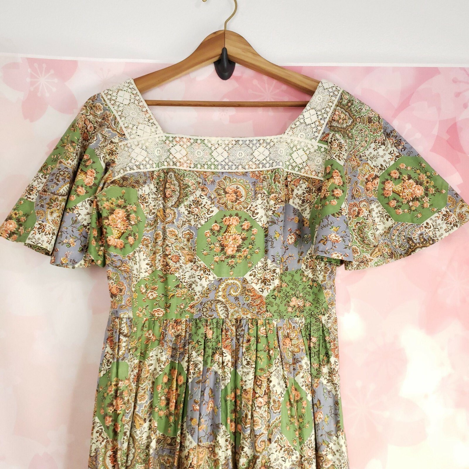 VINTAGE Handmade Maxi Boho Square Neck Gypsy 1970’s Tiered Cottagecore Dress