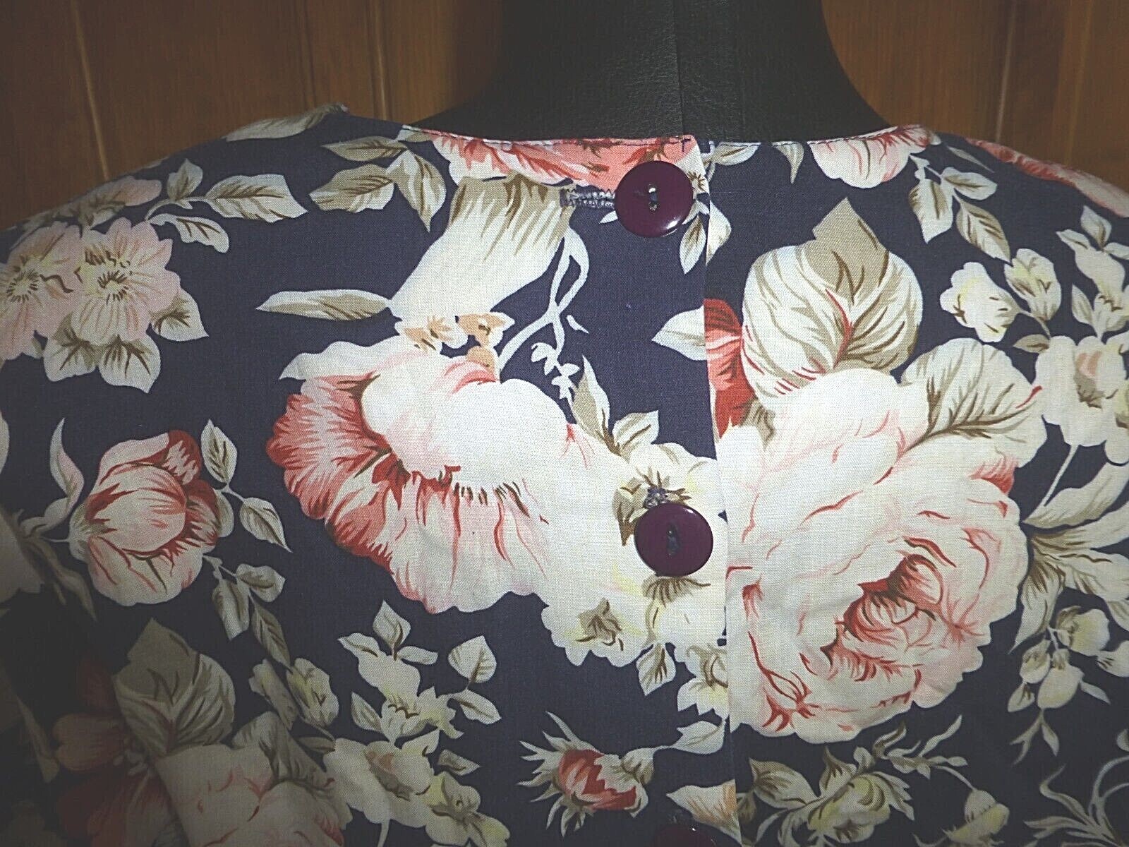 VTG 80s Floral Garden Print Cotton Boho Country Batwing Slv Midi belted DRESS M