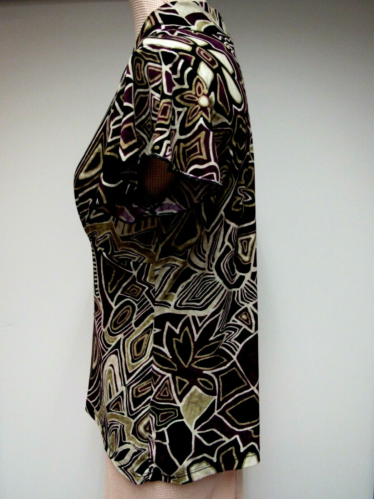 VTG JKLA Knit Faux Wrap Empire Waist Top Tribal Geometric Purple Black Tan L EUC