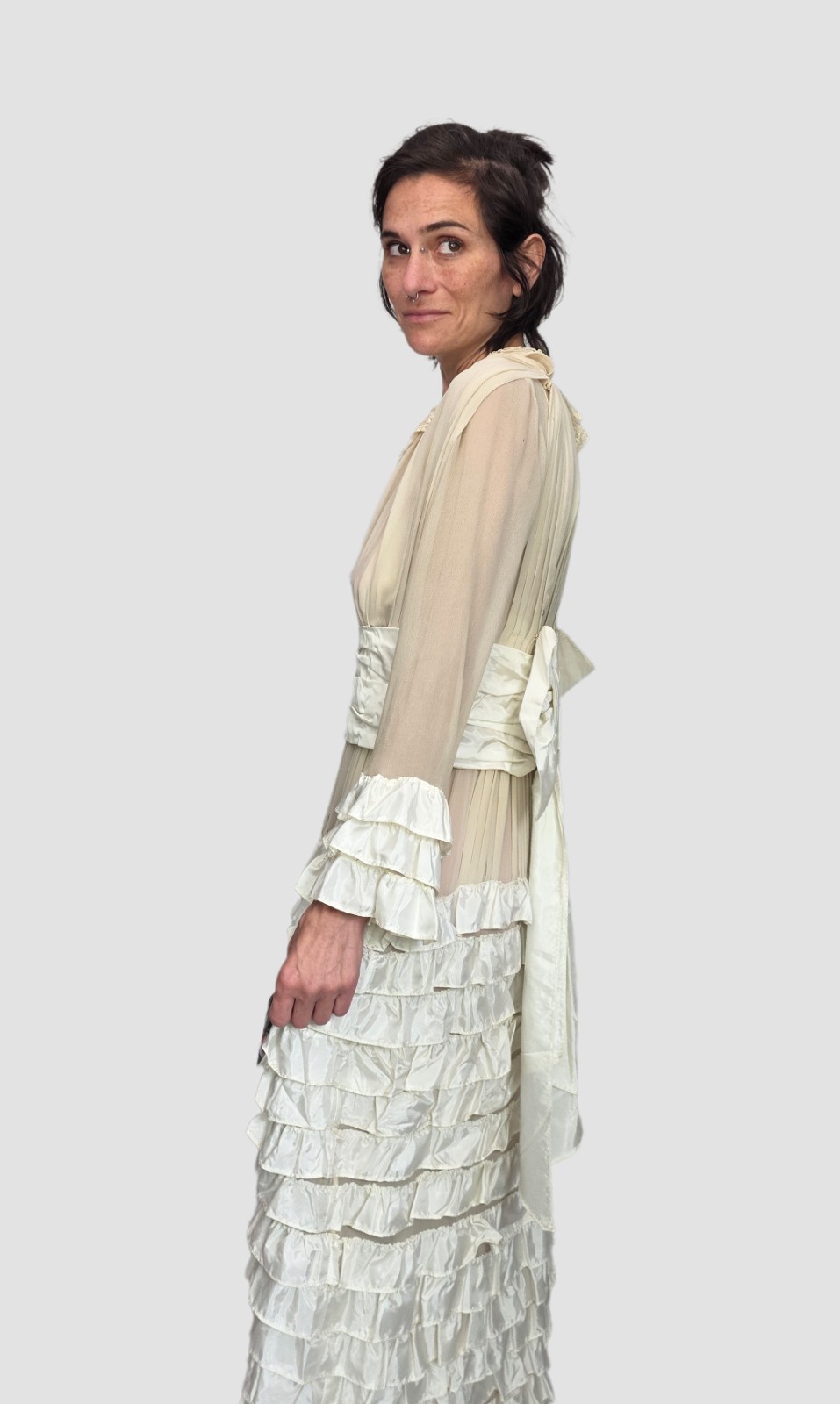 1920s Ivory Silk Chiffon & Taffeta Flapper Dress | Tiered Ruffle Art Deco…