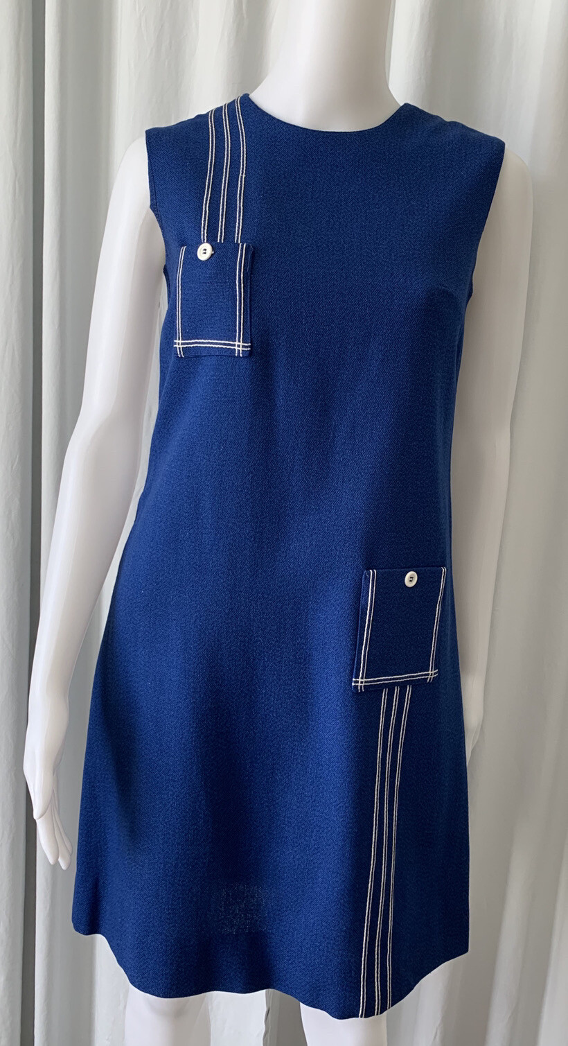 Vintage 70s The Art Shirt Mod Royal Blue Trapeze Dress Embroidered Size 9/10