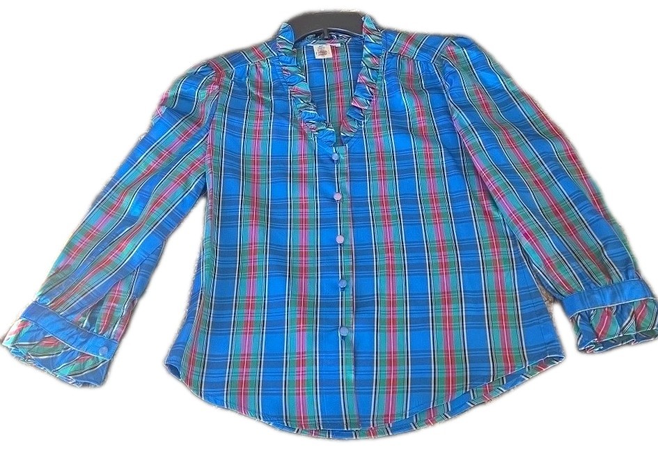Vtg Ladies Garment Workers Union Plaid Blouse 7/8 Taffeta Ruffle Turquoise Top