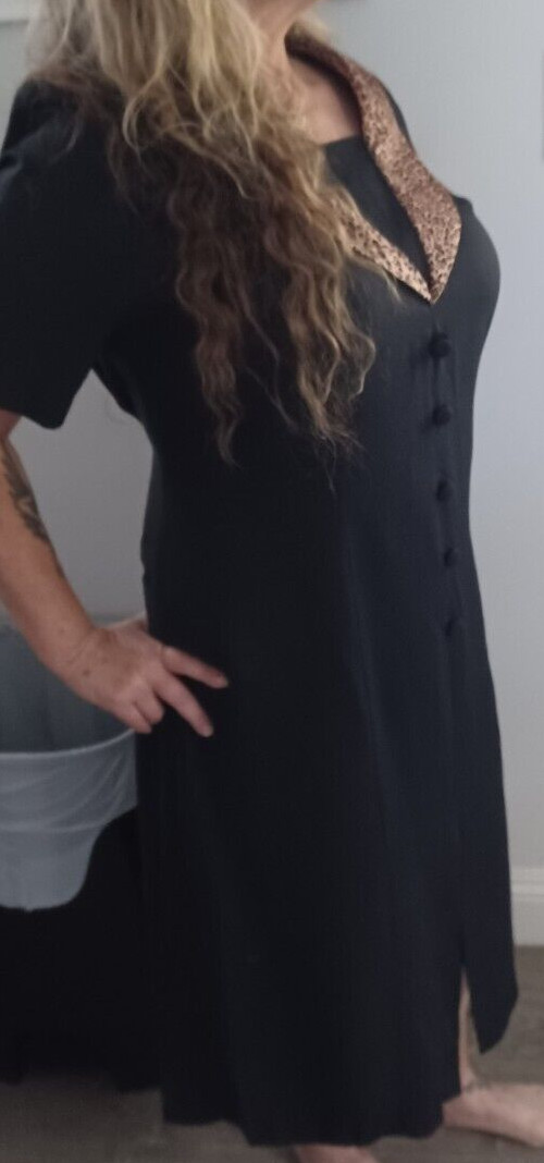 Vintage 80s Black Swing Shift Dress Contrast Leopard Oversized Collar L XL