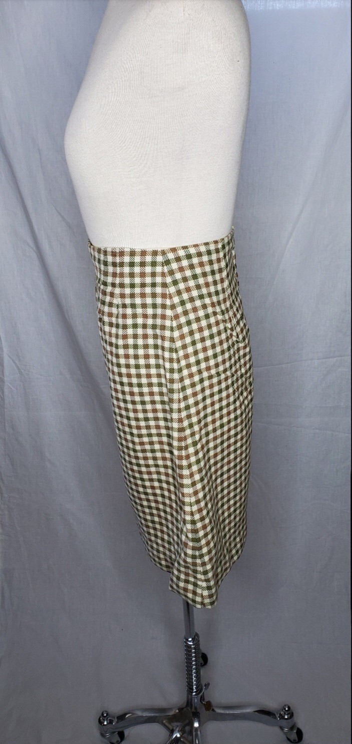 Vintage 1960s Cream With Olive Green Plaid A Line Skirt Size Small Union Made