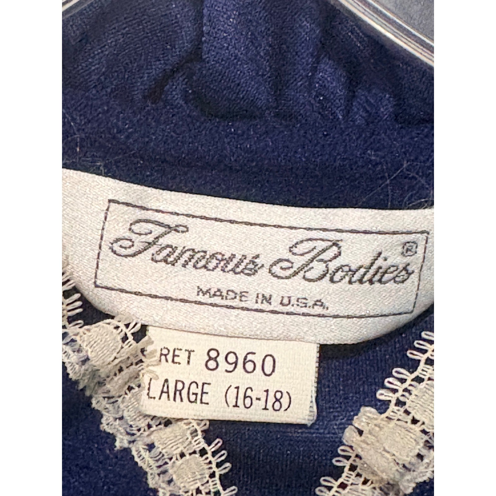Famous Bodies Vintage Navy Blue Lace Trim Fleece Robe Nightgown L/XL 16-18 USA