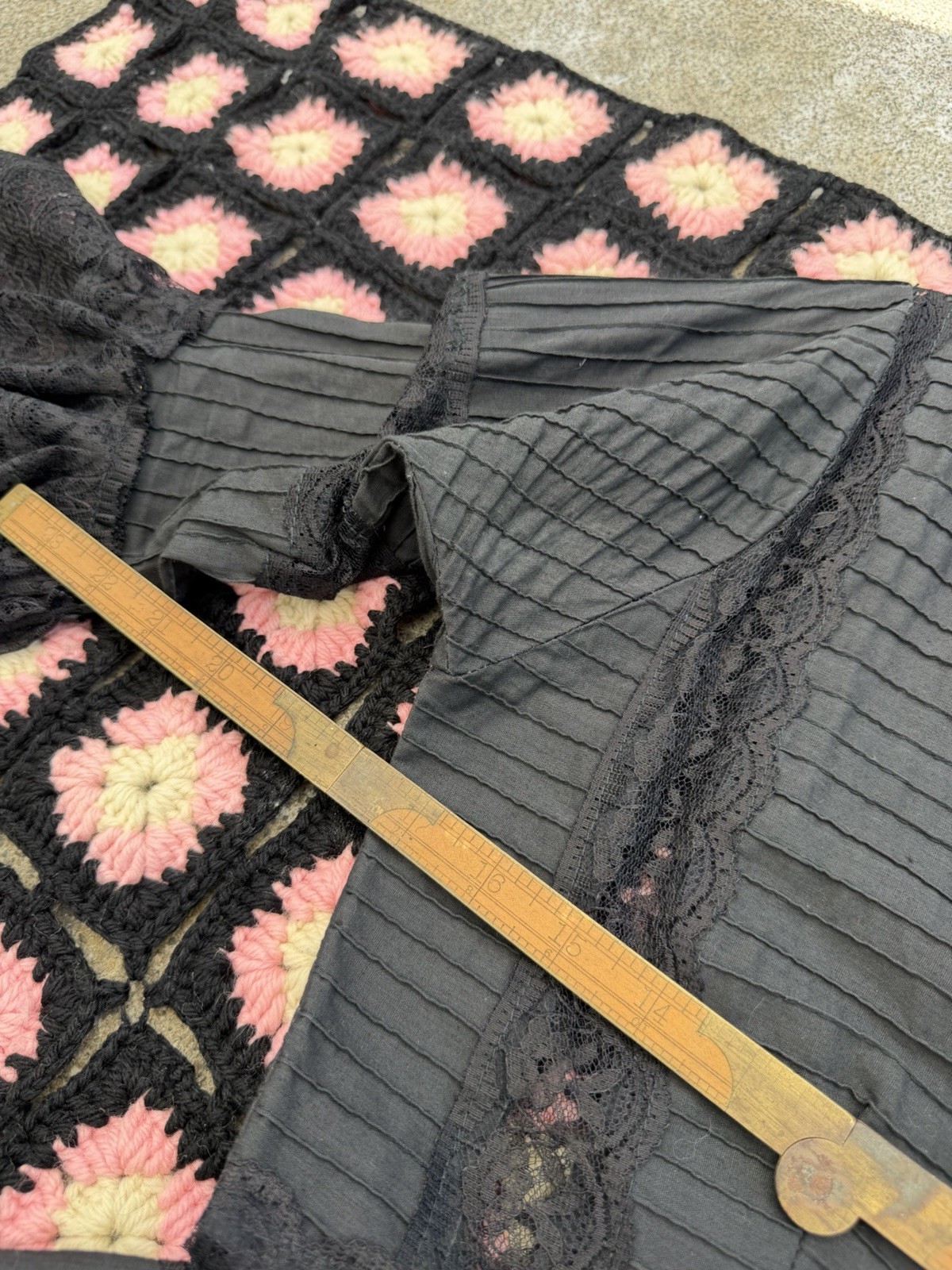 60s/70s Black Cotton Lace Maxi Dress Victorian Prairie Gothic Romantic Vintage