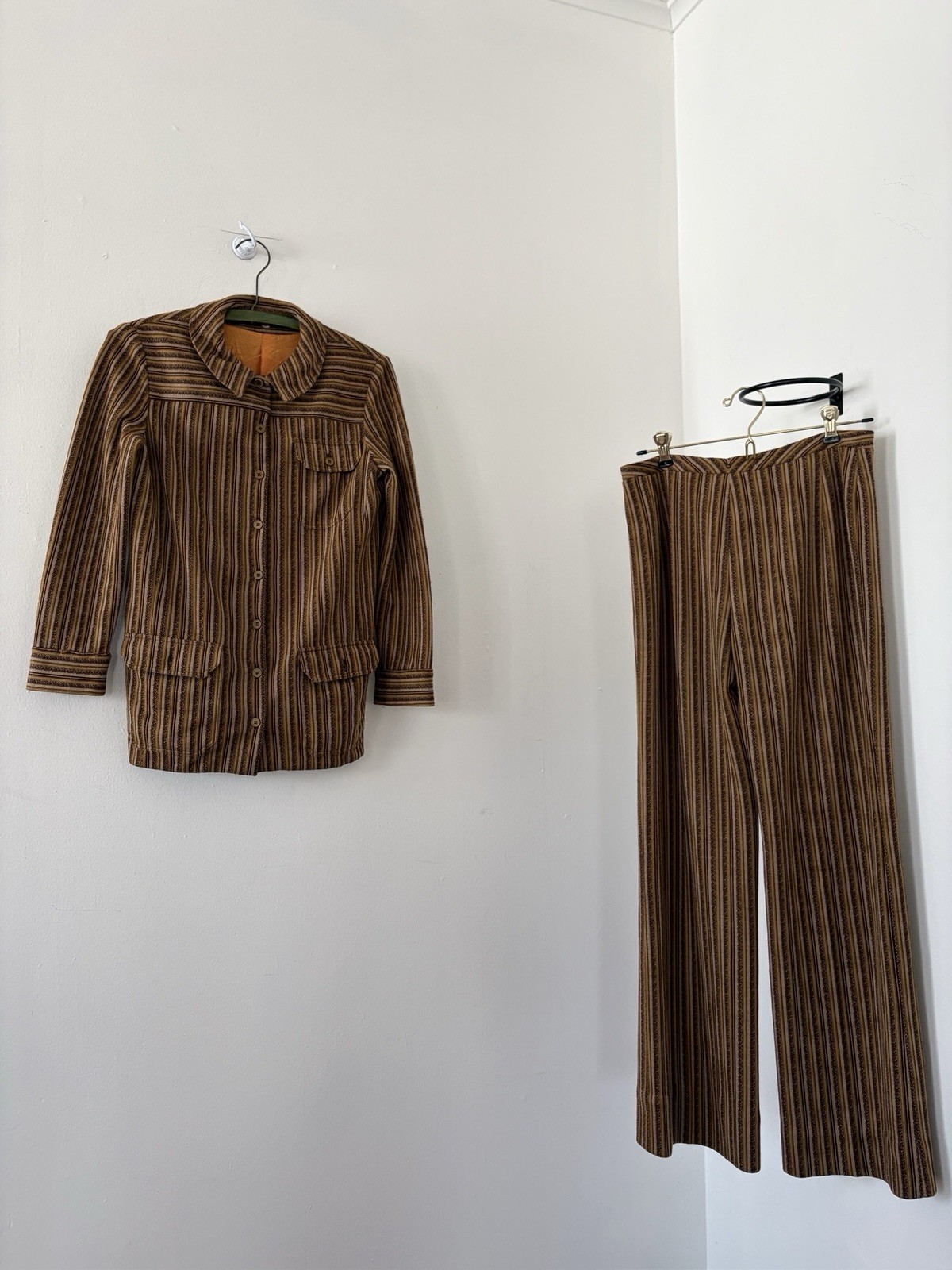 Vintage 70s 60s Cacharel Jacquard Utility Shirt Jacket And Wide Flared Trouser S