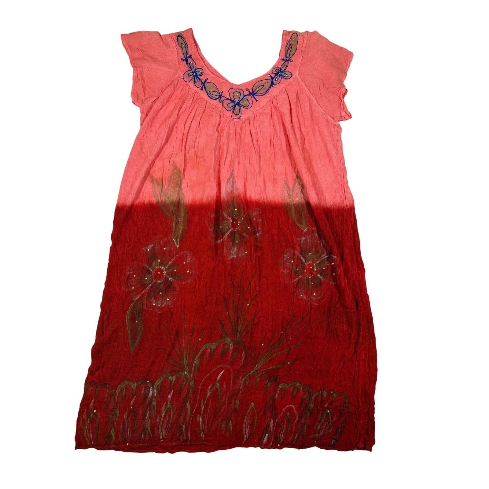 VTG Seven Islands Floral Dress Womens One Size Pink Red Ombre Embroidered Boho