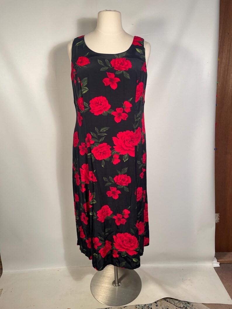 Vintage 1990s Plus Size Rose Print Rayon Maxi Dress Made In USA Size 18 2XL
