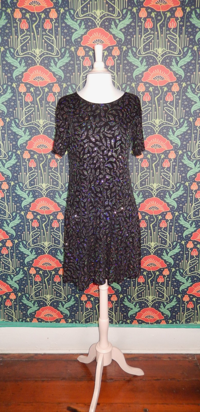 Vintage Y2K Black Rainbow Glitter Slinky Knit Sparkly Mini Whimsigoth Tee Dress