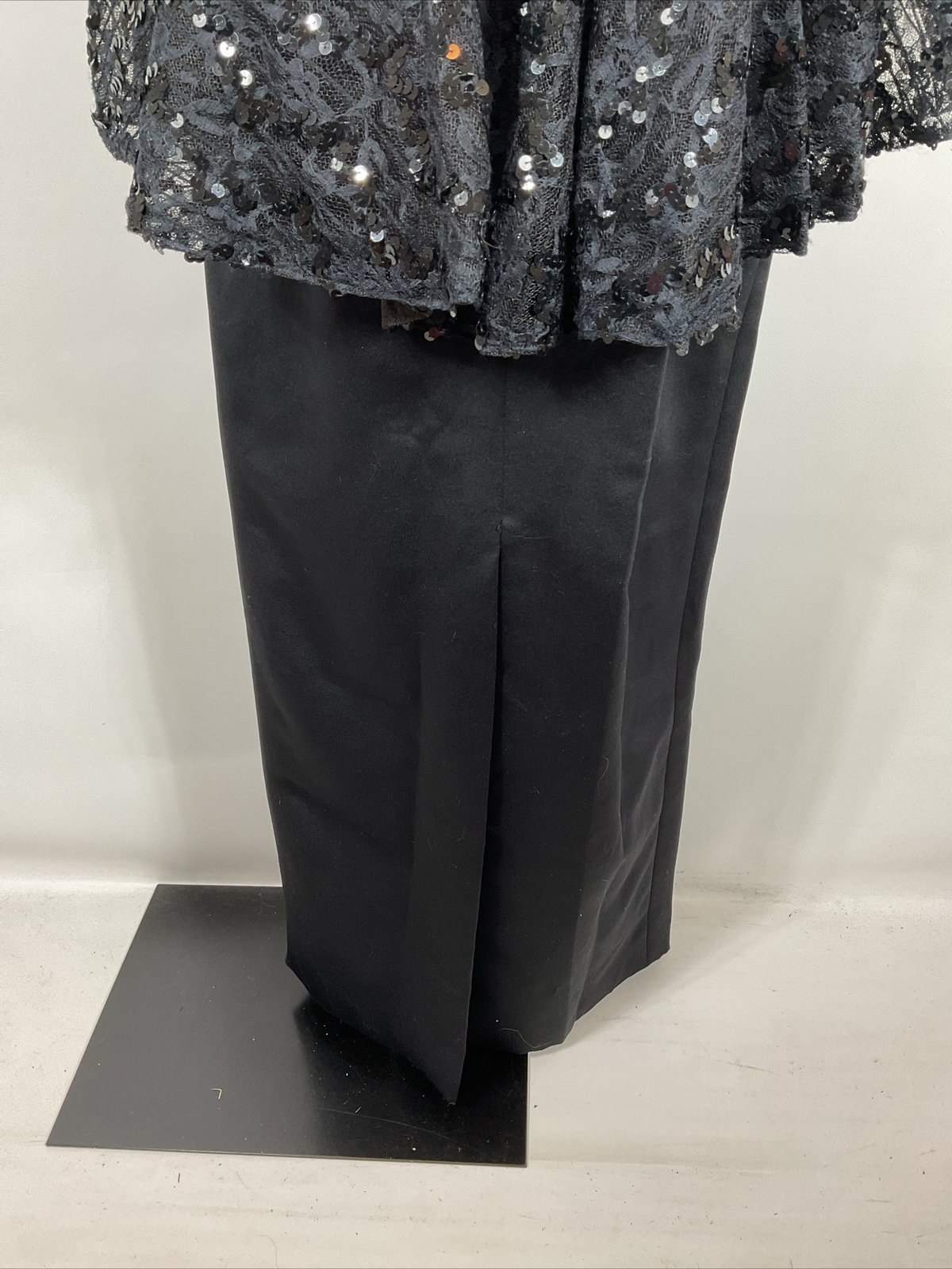 80s VTG Black Sequin Satin Sleeve Prom Party Formal Dress Long Sleeve M/L Bow