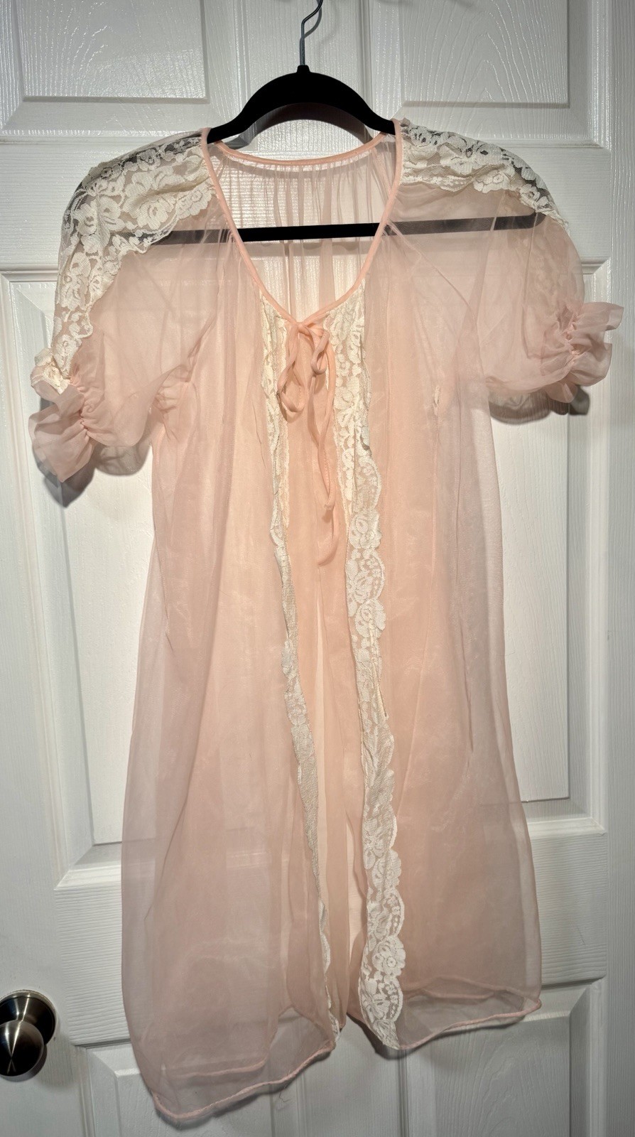 Vintage Sheer Nylon Chiffon Robe Babydoll Pink Lace Sz S Peignoir Sabrina