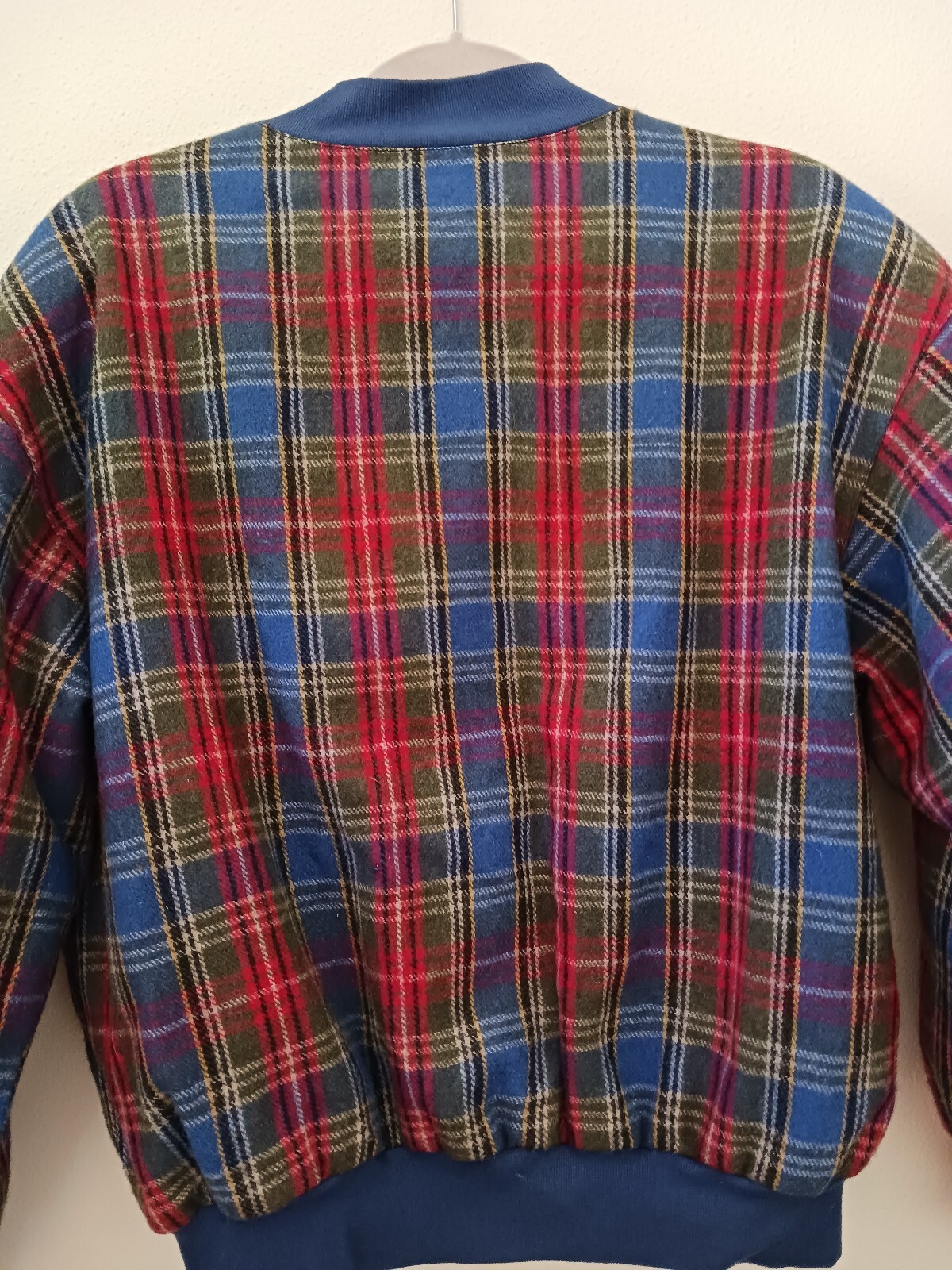 1980s Adolfo Royalty Collection M 48″ Blue Red Tartan Plaid Wool Bomber Jacket