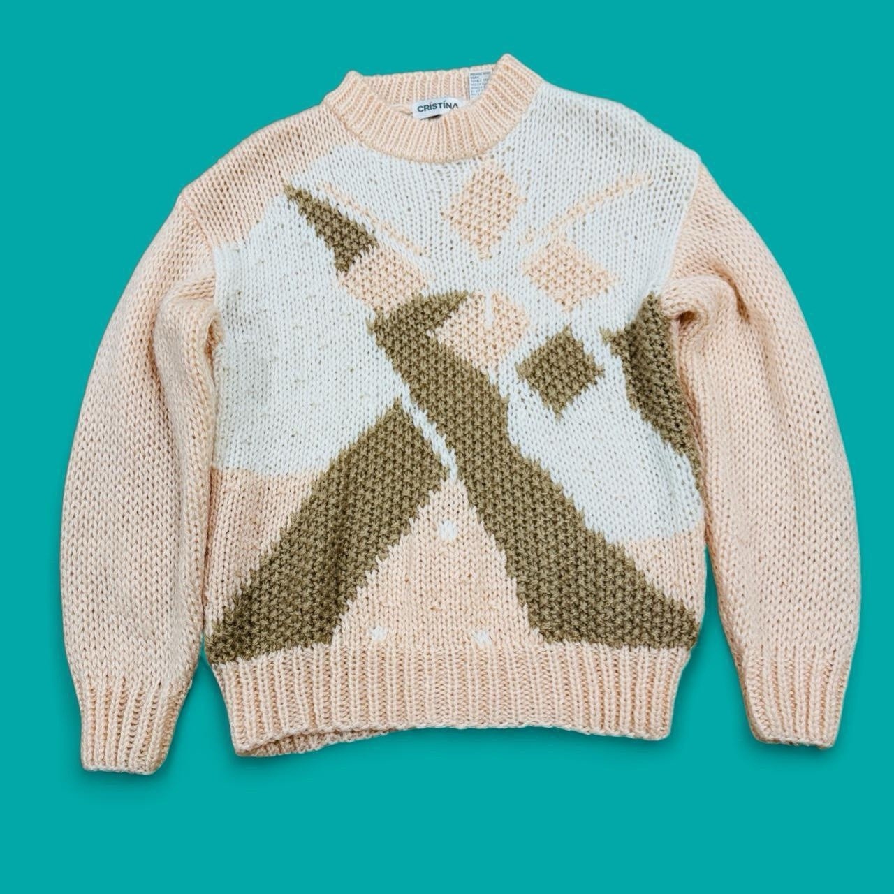 90s Cristina Sweater Large Abstract Geometric Knit Peach Pink Tan Korea Acrylic