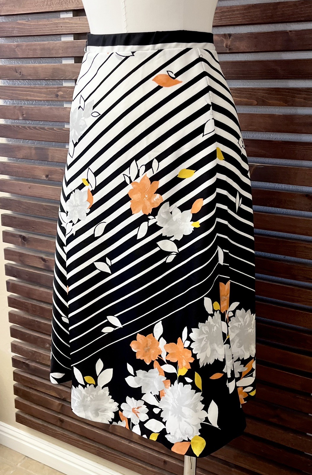 1970s Vintage Black White Striped Orange Yellow Floral High Waist Midi Skirt