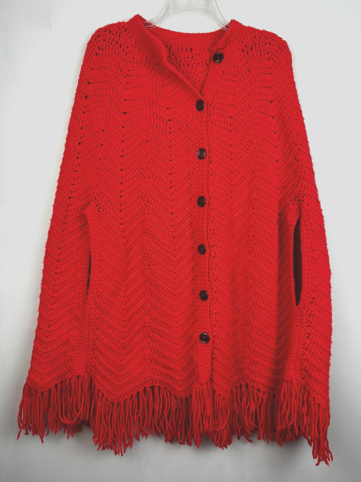 Vintage Poncho Sweater OS Cable Knit Hippie Red Fringe Cardigan Boho Festival