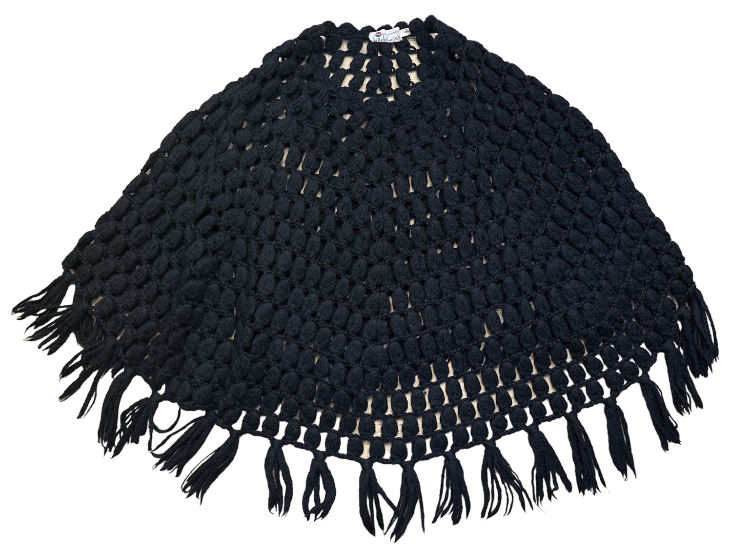 Vtg 60s Winkelman’s 100% Wool Thick Crochet Shawl Poncho Fringe Afghan Black