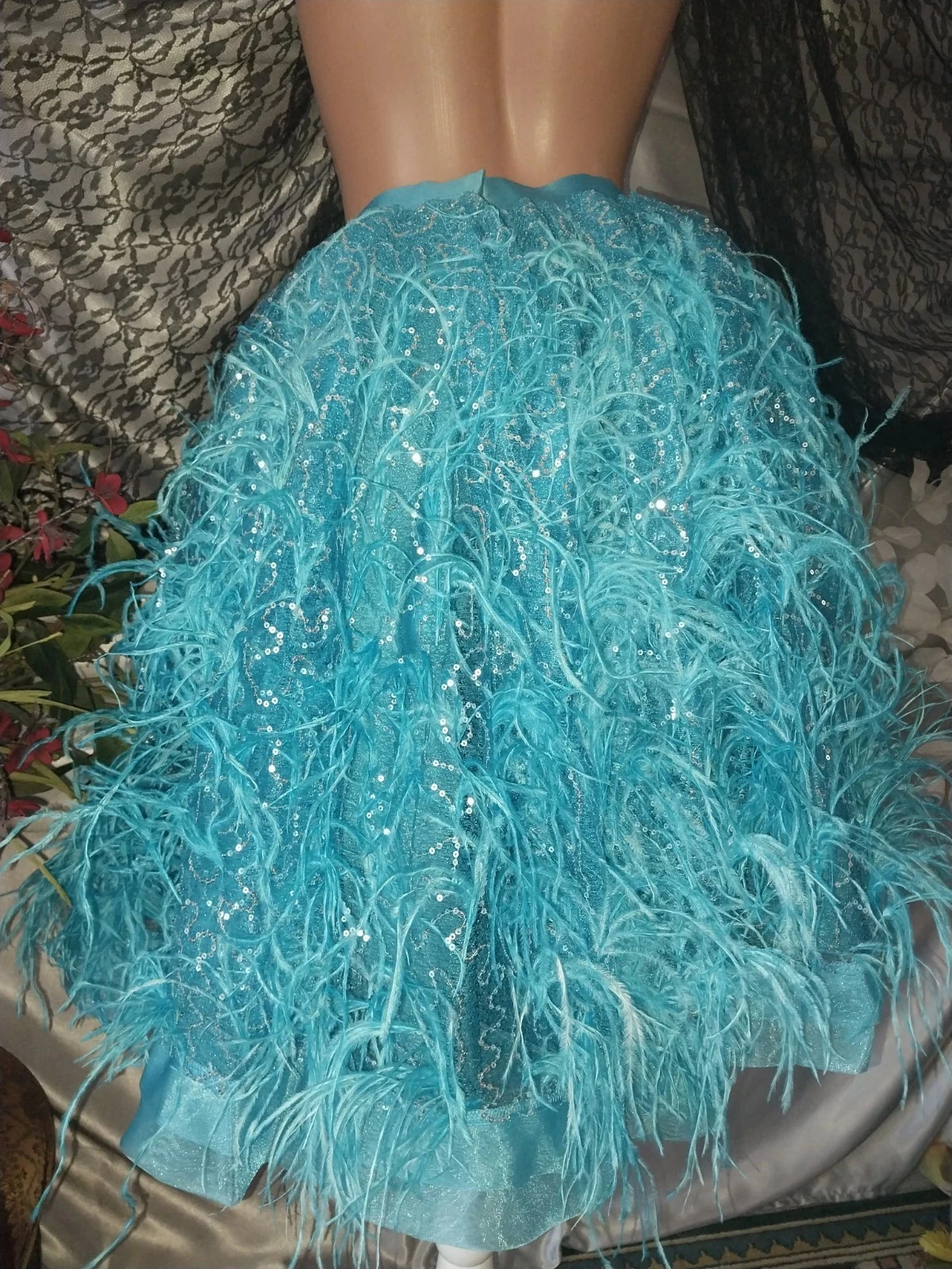 VTG Satin Burlesque Corset SHOW GIRL Skirt Set Drag AVANT La Cage Blue Dress