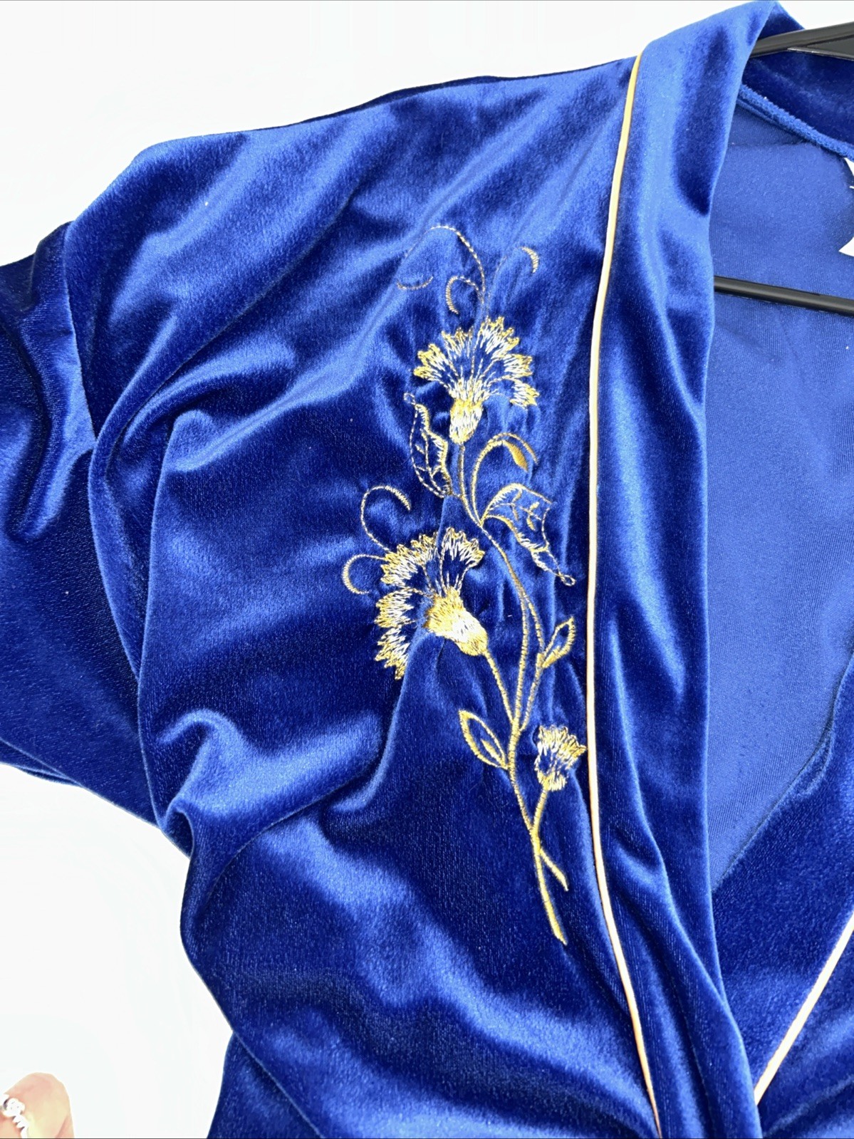 Vintage APPEL M Royal Blue Robe Plush Velour/Velvet Wrap Style Belt Floral Trim
