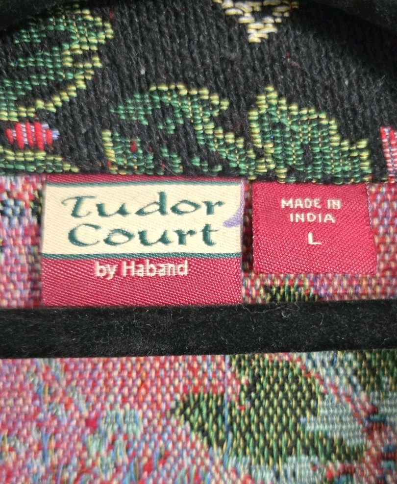 Tudor Court Women Sz Lg Denim Poinsetta Print W/ Sequins Jeans Jacket Holiday