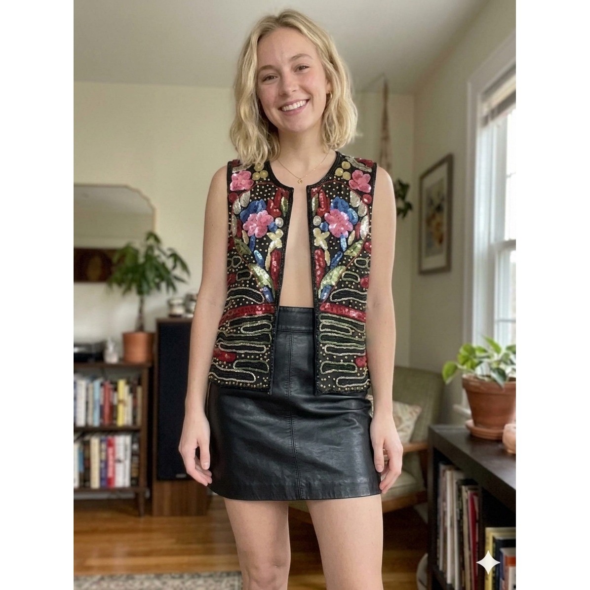 Vintage 80s Silk Beaded Sequin Vest Floral Heart Multicolor Black Size M L