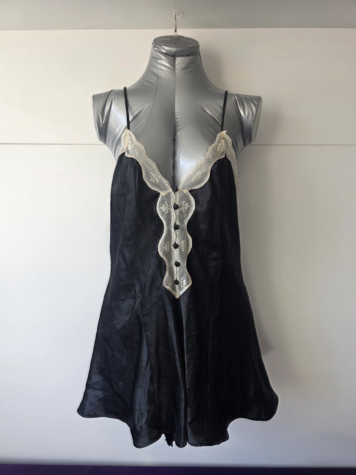 VTG 90s Teddy Romper Lingerie Black Polyester Size L Undercover Wear Lace Button