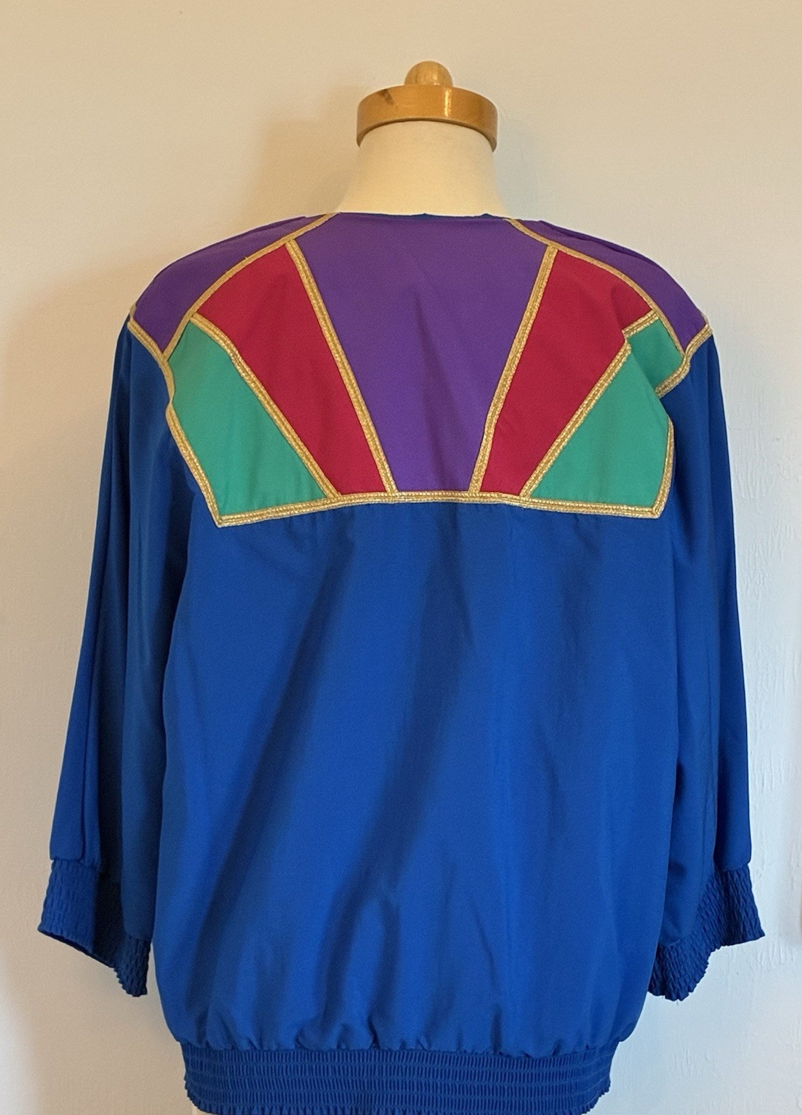 Vintage 80s Sara Colorblock Blouse USA Blue Geometric Smocked Top Women’s L