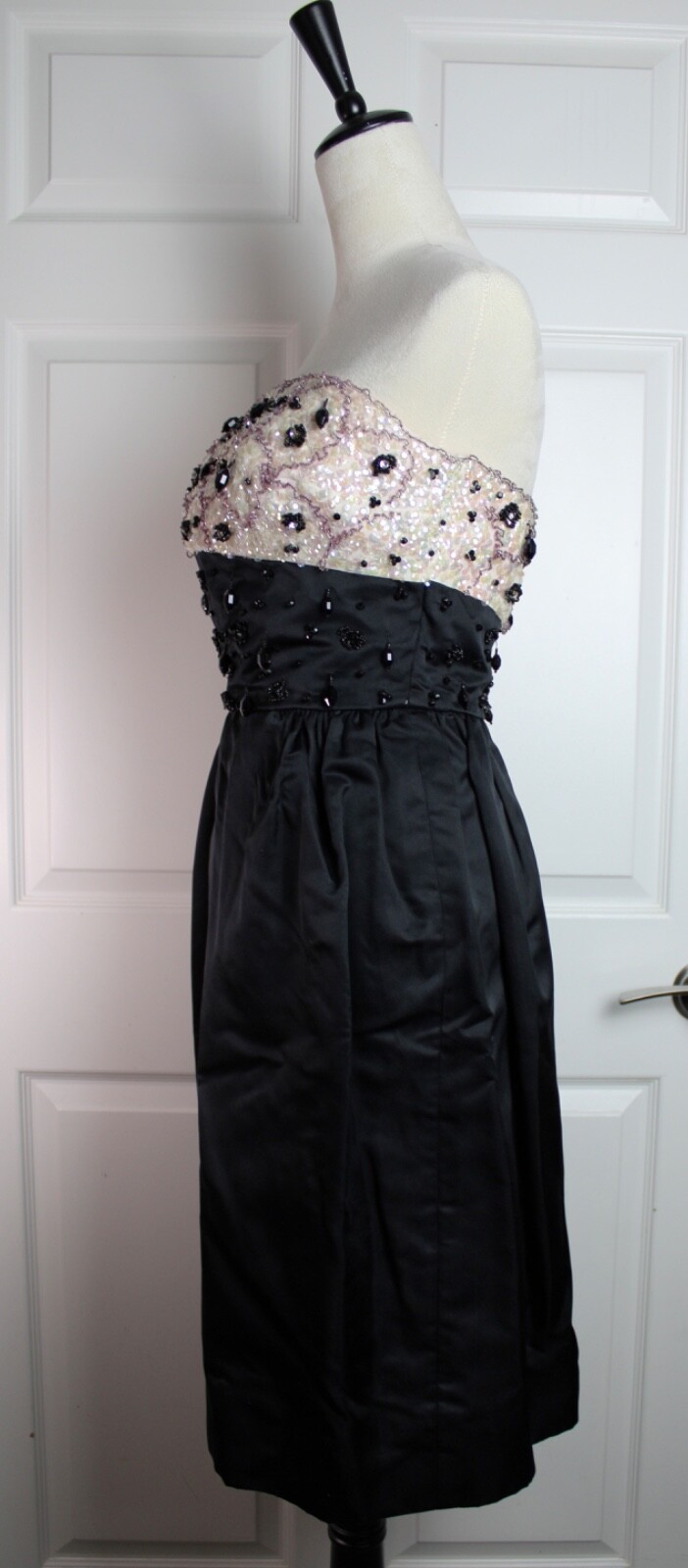 VTG Black Satin Sleeveless Dress Ivory Bodice Beaded Sequin Conmatic Zipper XS/S