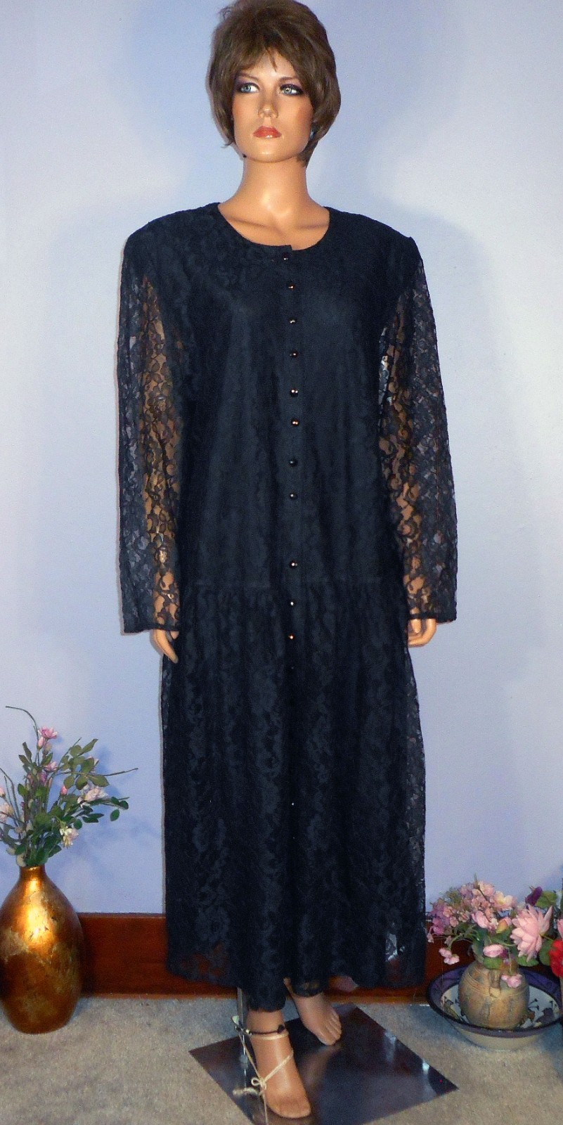 Vtg ‘80s Witchy Lacy Kathyrn Deene Dress w Drop Waist & Shoulder Pads, 22