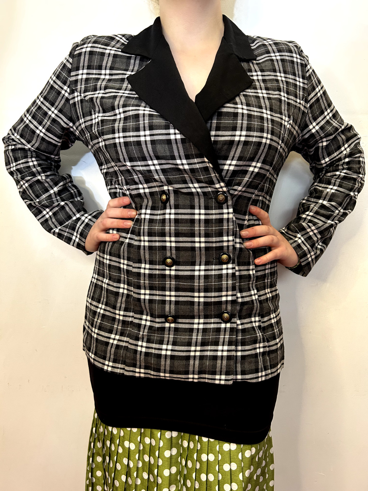 Vintage Australian 1980s Ozti Black White Plaid Blazer Double Breasted AU 8/S